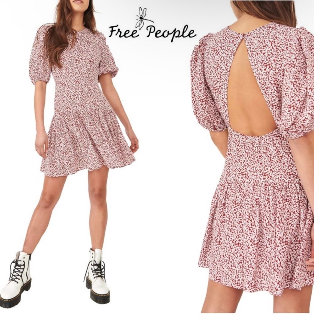Free People Dancing in the Dark Short Puff Sleeves Mini Dress in Red